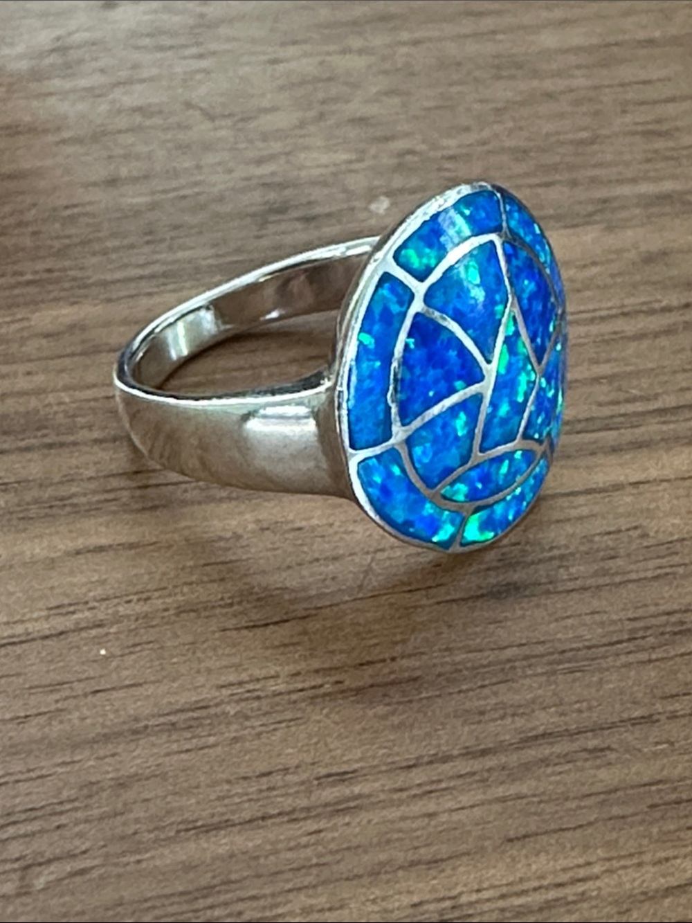 Blue Opal Mosaic Round Sterling Silver Ring